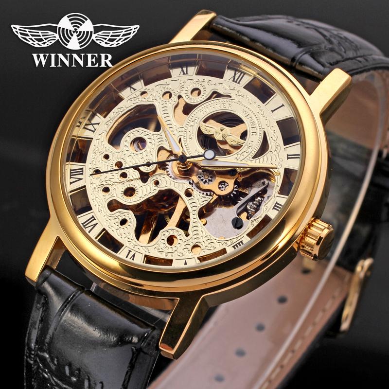 

Winner Mechanical Men Gold Color Skeleton Watch Black Leather Strap WRG8005M3G1 Wristwatches, Slivery;brown