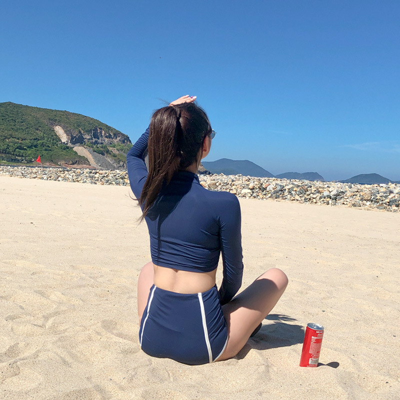 Long Swimsuit Women&#039;s Conservative Split Sleeve High Waist Sexy Bikini Korean Spring Swimming Suit-image-678514569