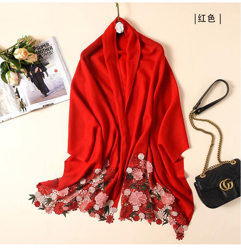

Scarves Merino Lace Beautiful 100% Wool Scarf Women High-end Embroidery Ethnic Style Female Wild Warm Shawl 200