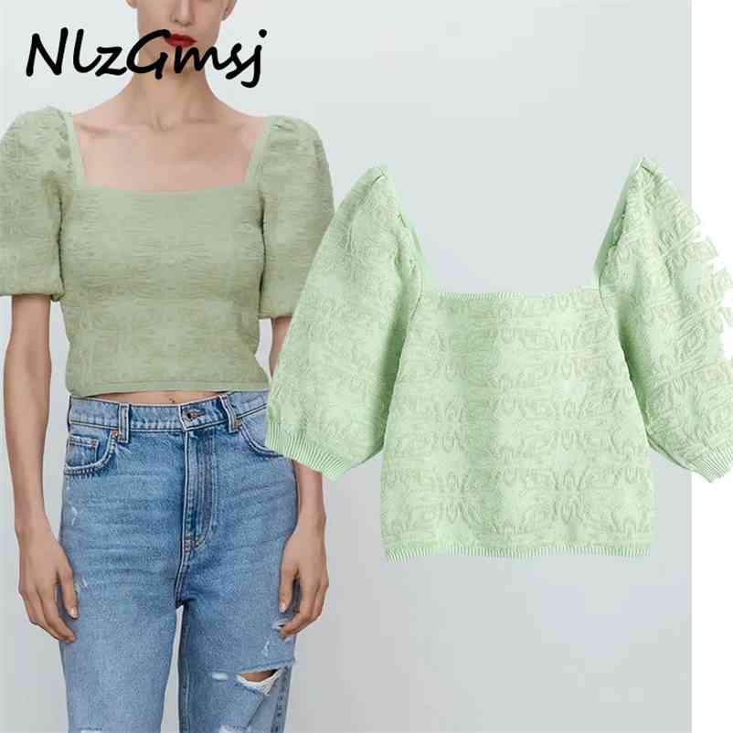 

Blouse Women Knit Crop Top Woman Summer Casual Square Neck Short Puff Sleeve Elastic Female Blouses 03 210628, As picture