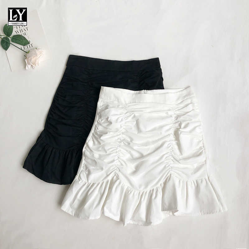 

LY VAREY LIN Spring Summer Women Casual Solid Color Mini Mermaid Skirt Office Lady High Waist Folds Ruffles Short 210526, Black