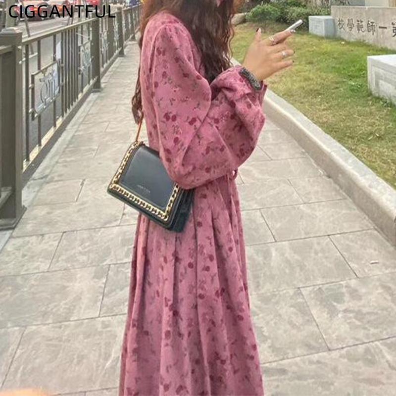 

Casual Dresses 2021 Fall Corduroy Floral Sweet Long Sleeve Autumn Winter Female High Waist Fairy Rose Flower A Line Vintage Fashion Dress, Black;gray