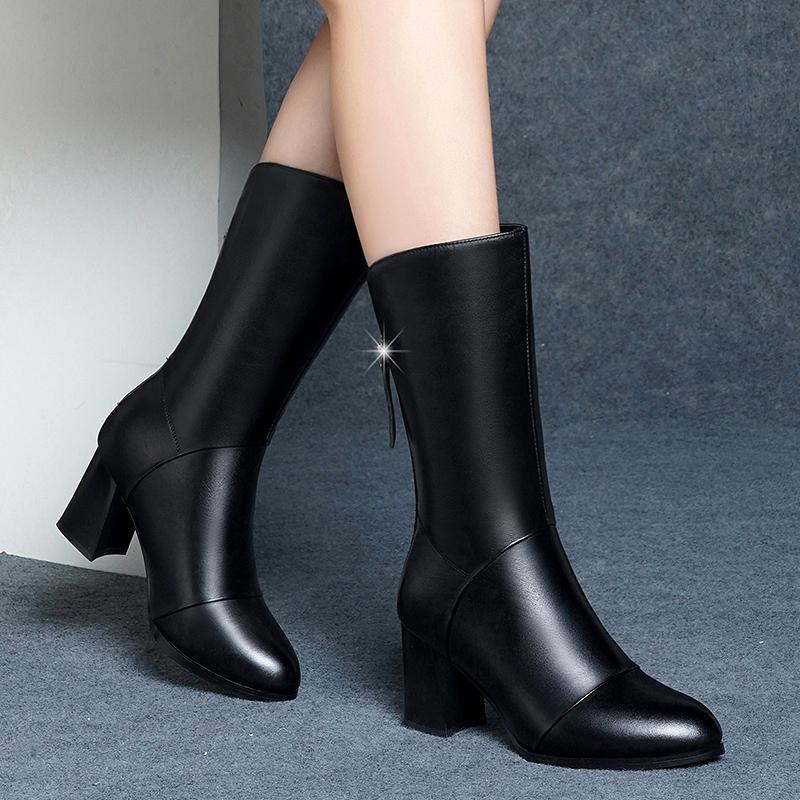 

Boots Mink Plus Velvet Mid-tube Women Thick Heel Autumn and Winter Women's Shoes 7 High Black YQUU, Black plush