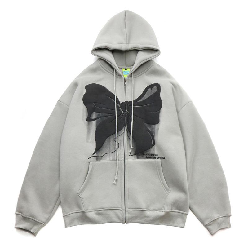 

Men's Hoodies & Sweatshirts Harajuku Winter Cotton Pink Black Zip Up Hoodie Coat Streetwear Hooded Sweatshirt Bowknot Print Zipper Fleece Ja