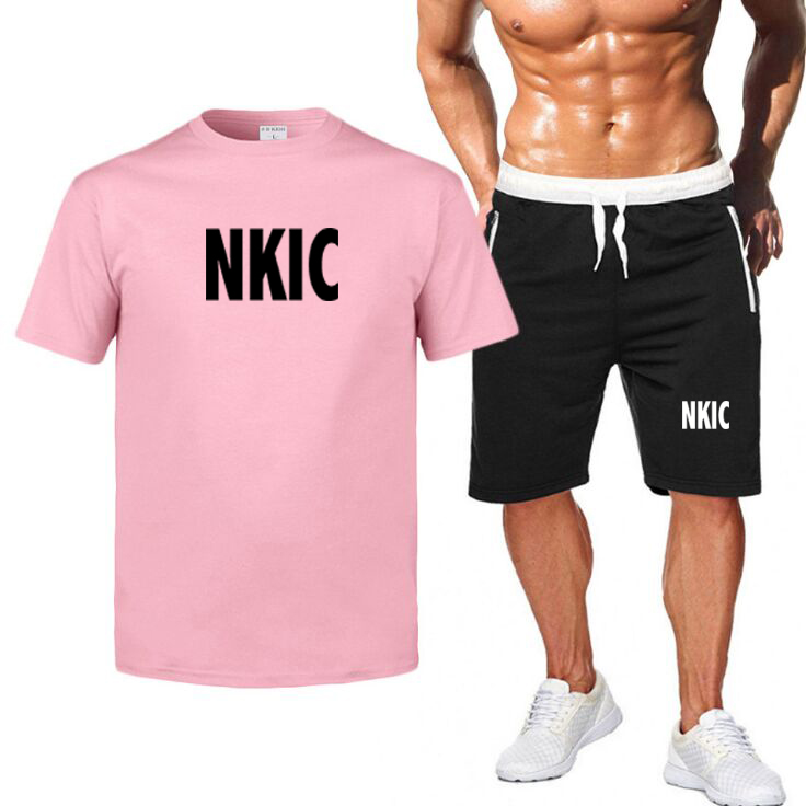 

NKIC Brand Tracksuit Men Summer Short Sleeve Casual 100% Cotton Tshirt Shorts Mens Sweatsuit 2PC Tee Tops Sweatpant Male Set