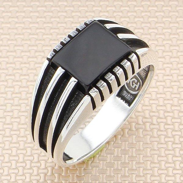 

Cluster Rings Square Black Onyx Stone Men Silver Ring With Symmetrical Motif Made In Turkey Solid 925 Sterling, Golden;silver