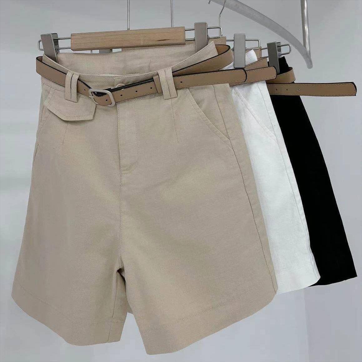 

summer solid color womens short plus size high elastic waist belt cotton loose wide leg x382, White;black