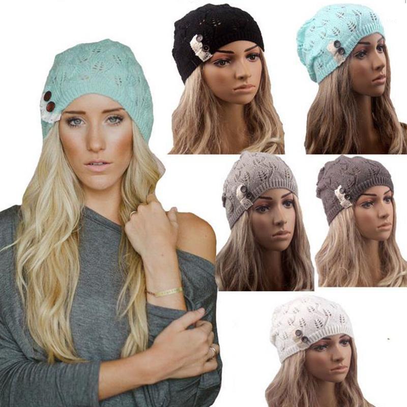 

Berets Women Knitted Caps Winter Warm Beret Hat Beanie Fashion Hats With Buttons NYZ Shop, Green