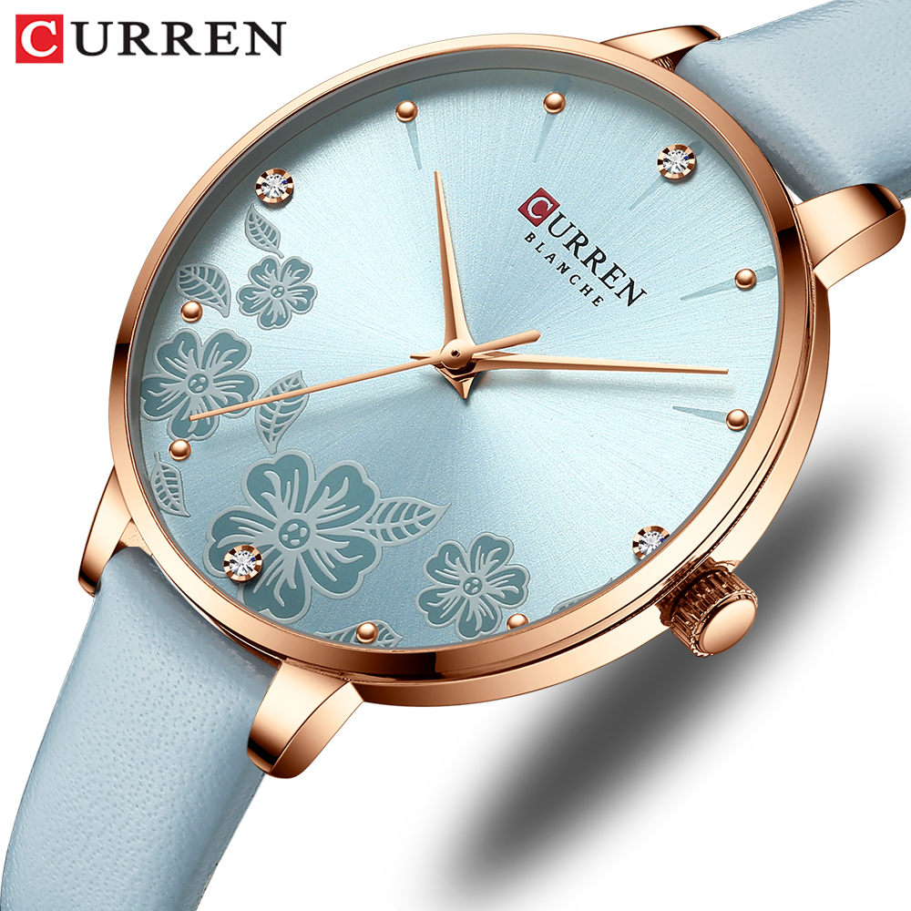 

CURREN Watches Women Brand Leather Quartz Wristwatches Luxury Design Clock for Ladies Charm Flowers Dial Montre Femmeg, Blue