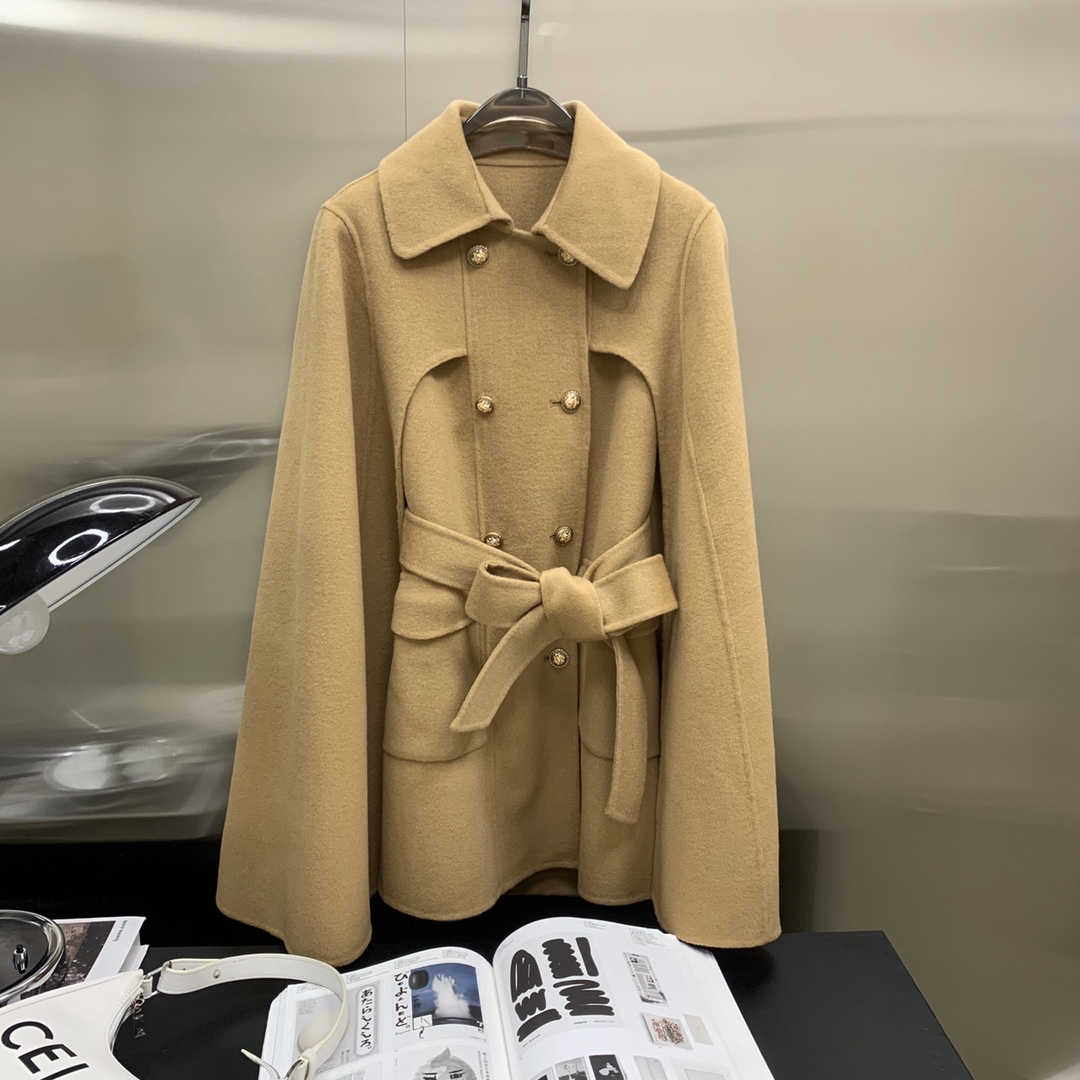 

Early autumn new lace up button Cape wool cashmere white fashion coat, Khaki