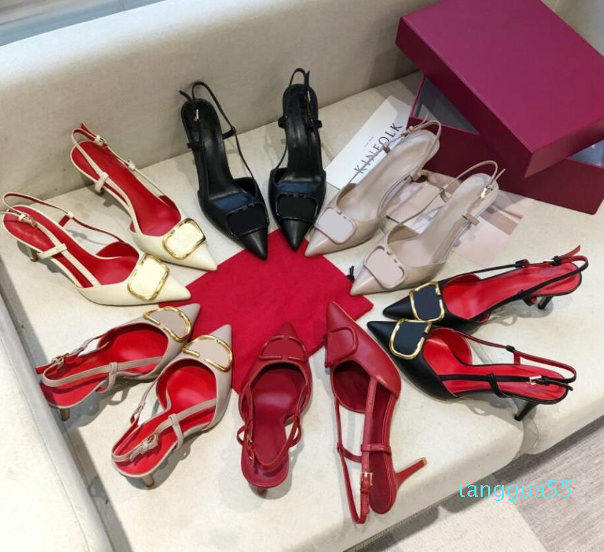 

2021 new pointed toe mid-heel V-shaped metal buckle single shoes stiletto black leather hollow sexy sandals women