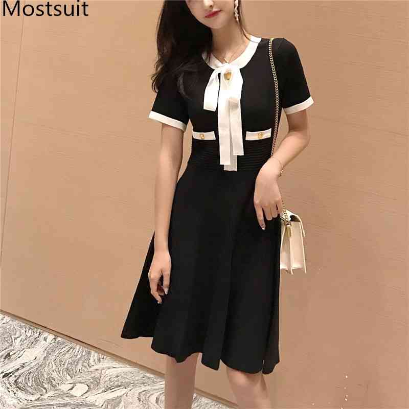 

Elegant Vintage Knitted Pleated Dress Women Short Sleeve Bow Collar A-line Dresses Fashion Ladies Party Vestidos Femme 210518, Blue