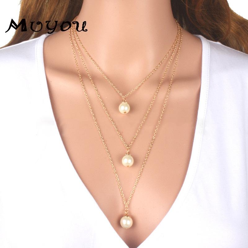 

Pendant Necklaces Creative Gold Color Round Clavicle Chain Necklace Multi-layer Pearl For Women Collares Jewelry XL361 Drop