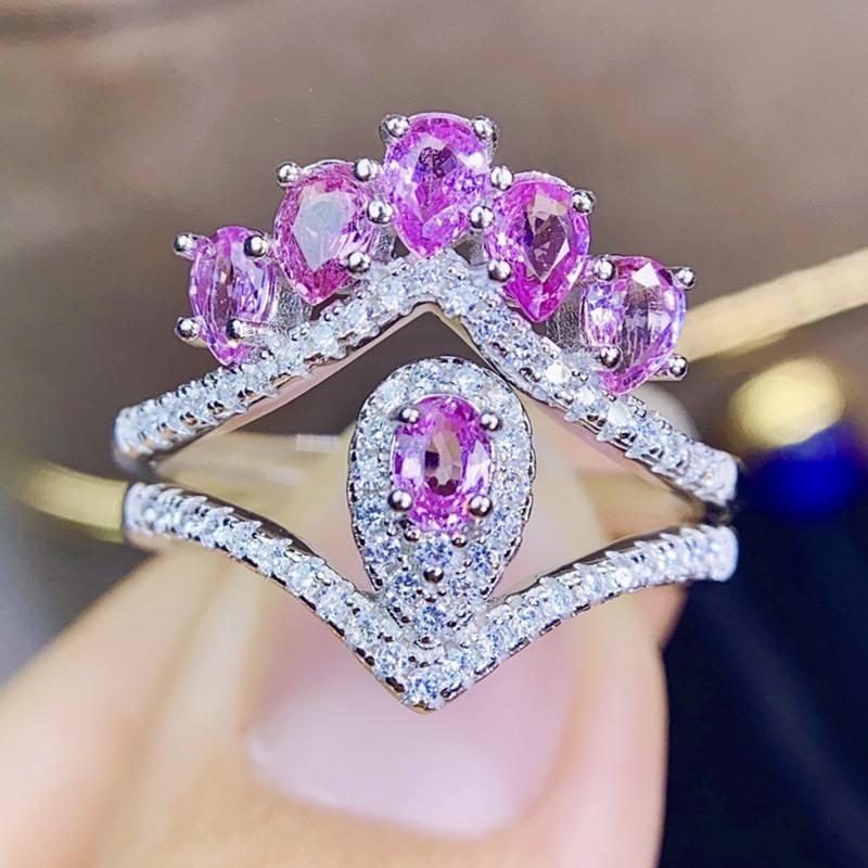 

Cluster Rings Natural Real Pink Sapphire Crown Luxury Ring Per Jewelry 925 Sterling Silver 3*4mm 0.3ct*6pcs Gemstone Fine J21674, Golden;silver