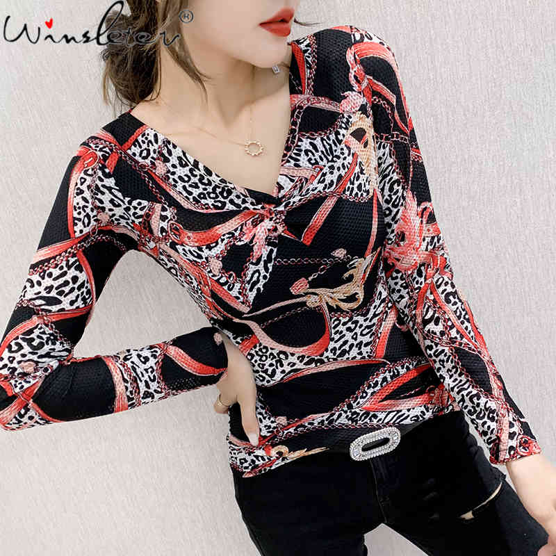 

Women's T-Shirt Fall Winter European Clothes T-shirt Fashion Sexy V-Neck Kink Print Women Tops Ropa Mujer Slim Waist All Match Tee, Yellow tshirt