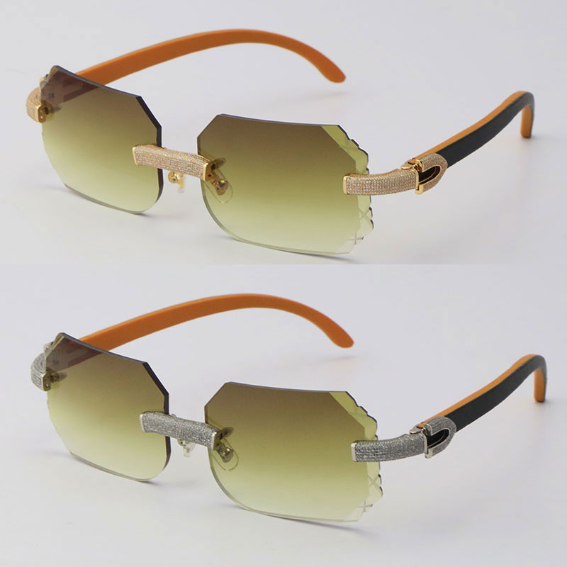 

New Micro-paved Stones Sunglasses Orange Inside Black Wood Rimless Frame 18k Gold Wooden Sunglasses woman with man Carved UV400 Lens driving glasses Size:58-18-140MM