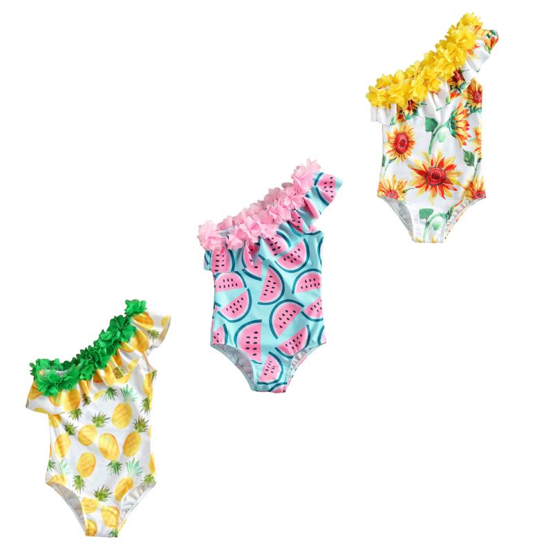 

One-Pieces Kids Swimsuit Children's Flower Sunflower Watermelon Pineapple Printing Oblique Shoulder Ruffled Collar Swimming Romper Swimwear, Black