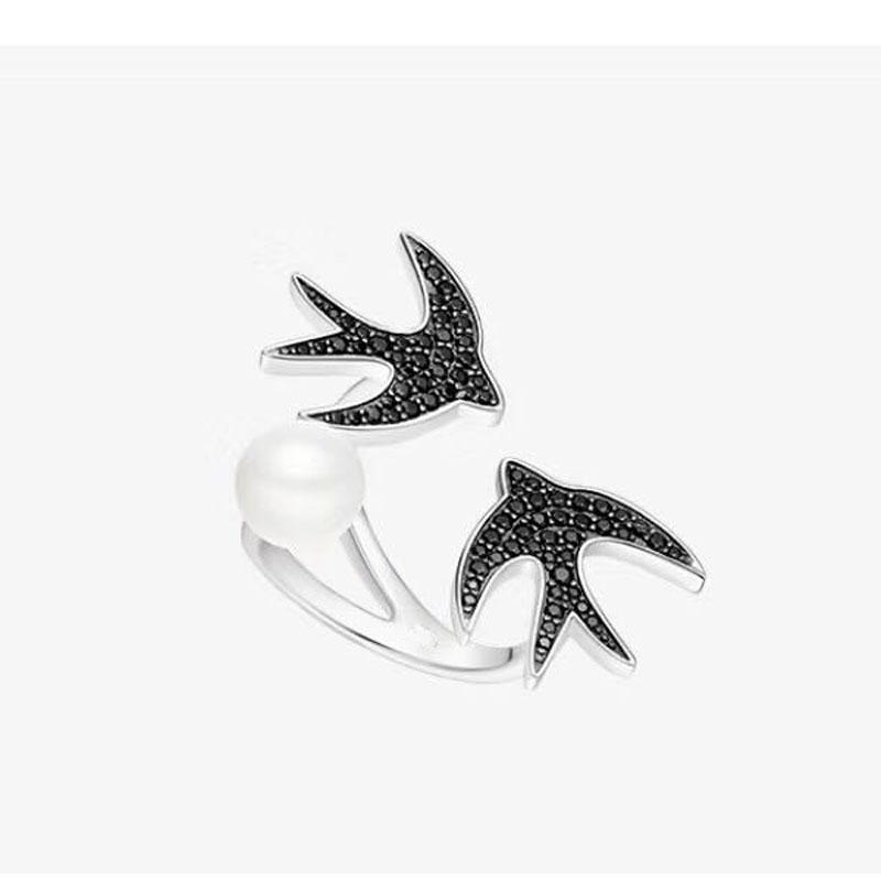 

Cluster Rings SOELLE Black Zircon Two Swallows Cute Opening Ring 925 Sterling Silver Pearl Finger For Girl Women Party Luxury Jewelry, Golden;silver