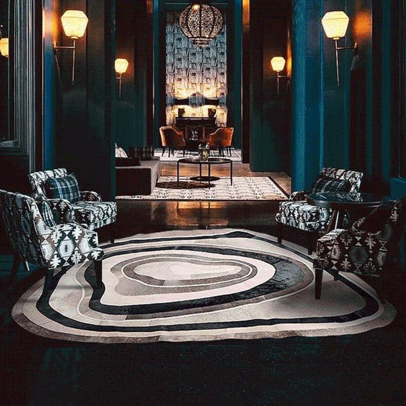 

Carpets Iregullar 100% Nature Cow Fur Rug Black And White Cowhide Patchwork Carpet For Living Room Round Tea Table Cicle