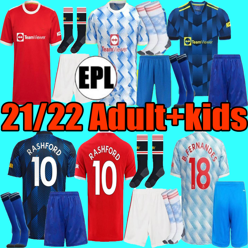 

2021 2022 United RASHFORD CAVANI VAN DE BEEK soccer jerseys set 21 22 HUMANRACE fourth UTD B. FERNANDES Manchester football uniform Adult  kit, 2021 third
