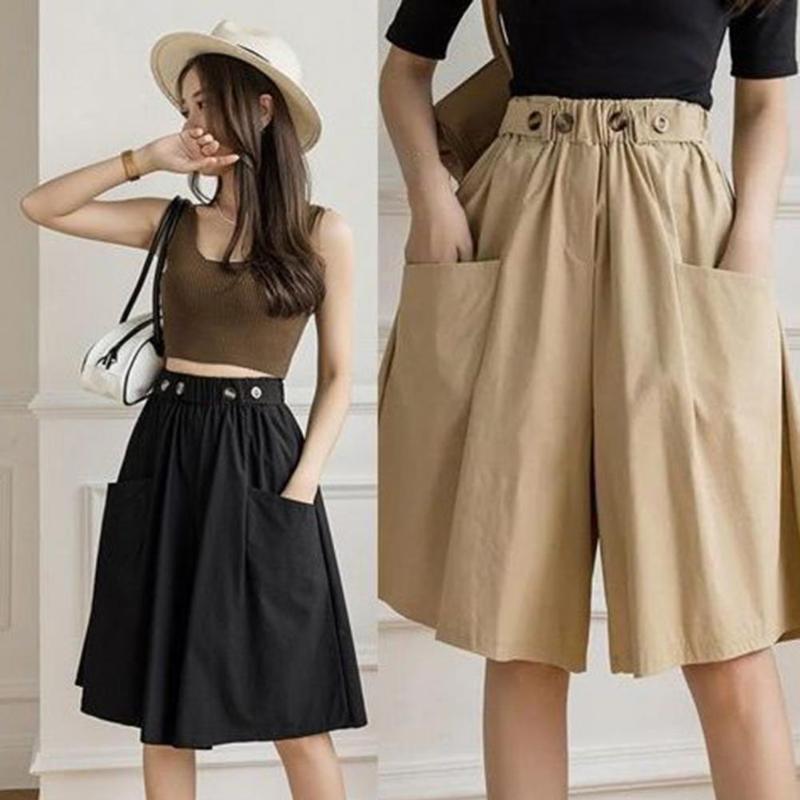 

Women's Shorts Fashion 2021 Summer Korean Style Cotton Wide Leg Capris Ladies Casual A-line Solid Color Minimalist, Black