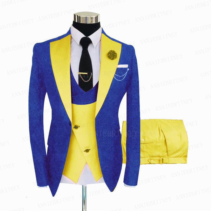 

Men's Suits & Blazers Royal Blue Men Suit 3 Pieces Tailored Man Groom Wedding Tuxedo Slim Fit Jacquard Blazer Jacket Yellow Vest P