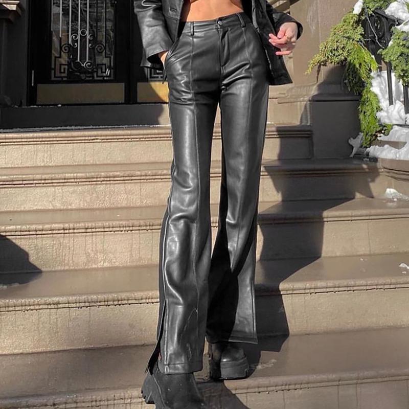 

Women's Pants & Capris Y2K Faux PU Leather Women Straight Side Split High Waist Tight Trouser Streetwear Fashion Office Lady Slim Vintage, Black;white