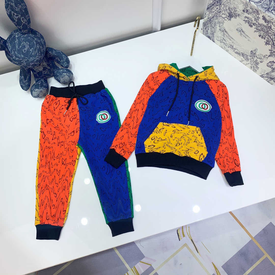 

luxury kids hooded+ pants sets childrens autumn double g print design trousers orange sleeve coat set girls sports wear size -150, Blue