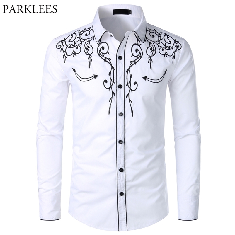 

Mens Western Cowboy Shirt Stylish Embroidered Slim Fit Long Sleeve Party Shirts Men Brand Design Banquet Button Down Shirt Male 210708, White