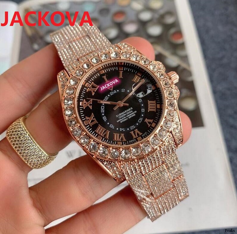 

Relogio Top Brand Luxury quartz movement Watch 41mm Calendar full diamonds ring watches high quality men women Dress rose gold clock reloj mujer, As pic
