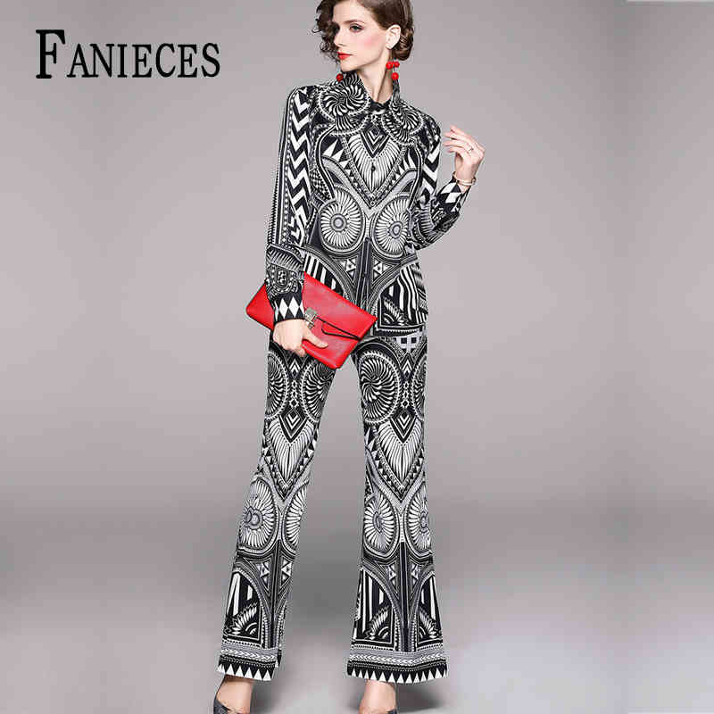 

Ins Fashion Runway Pants Suit Sets Women's Long Sleeve Collar Print Blouses and Casual pencil Two Pieces Set Spring 210520, Black