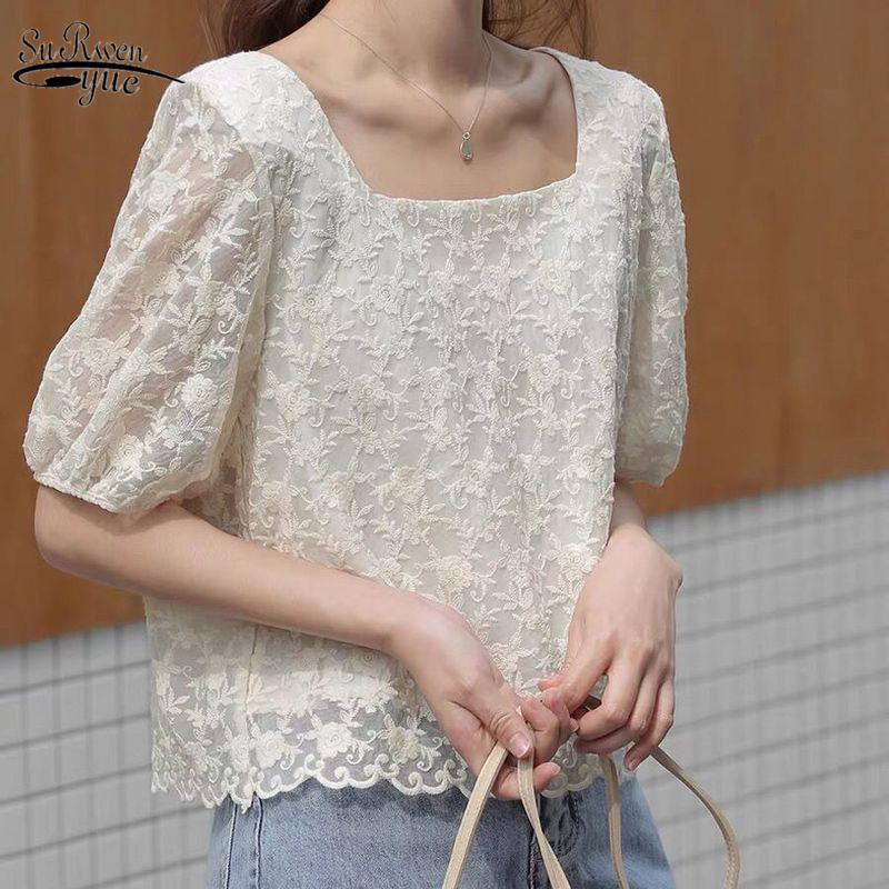 

Korean Fashion Clothing Vintage Short Sleeve Lace Blouses Woemn Tops Blusas Mujer De Moda Puff Summer Shirts 10219 210521, Creamy-white