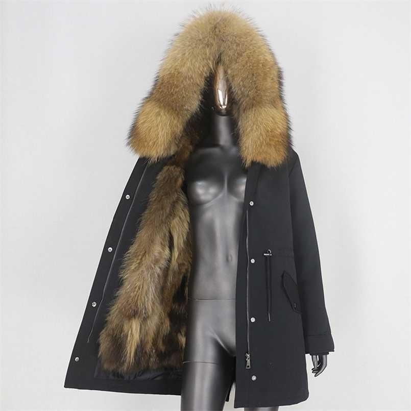 

CXFS Real Fur Coat Winter Jacket Women Long Parka Waterproof Natural Raccoon Collar Hood Thick Warm Liner 211110, Red black