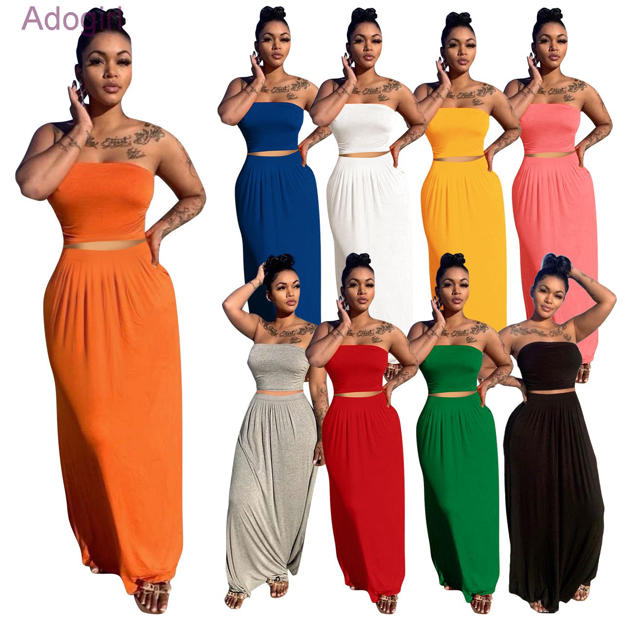 

Women 2 Two Piece Dress Designer Sexy Bra Half Long Skirt Solid Color Off Shoulder Maxi Dresses Party Wear Casual Plus Size Set Clothing, Green