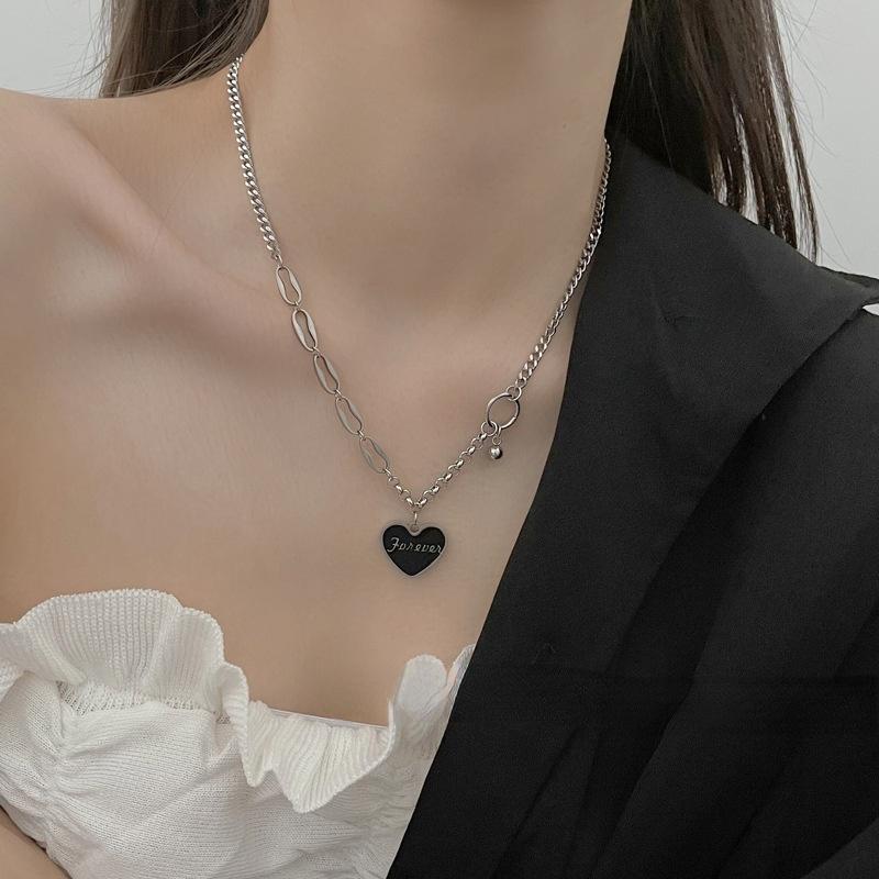 

Pendant Necklaces U-Magical Streetwear Black Enamel Letter Painted Love Heart Necklace For Women Asymmetric Chain Titanium Steel, Silver