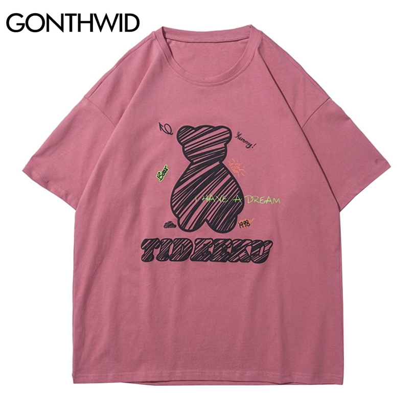 

Tshirts Harajuku Cartoon Bear Short Sleeve Tees Shirts Streetwear Hip Hop Casual T-Shirts Men Fashion Cotton Loose Tops 210602, Pink