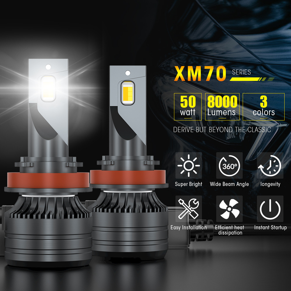 

K9 Tri-color Car LED Light High and Low Beam Brittleness Headlight Color Changing Lamp H7 H4 Led Lighting 8000LM