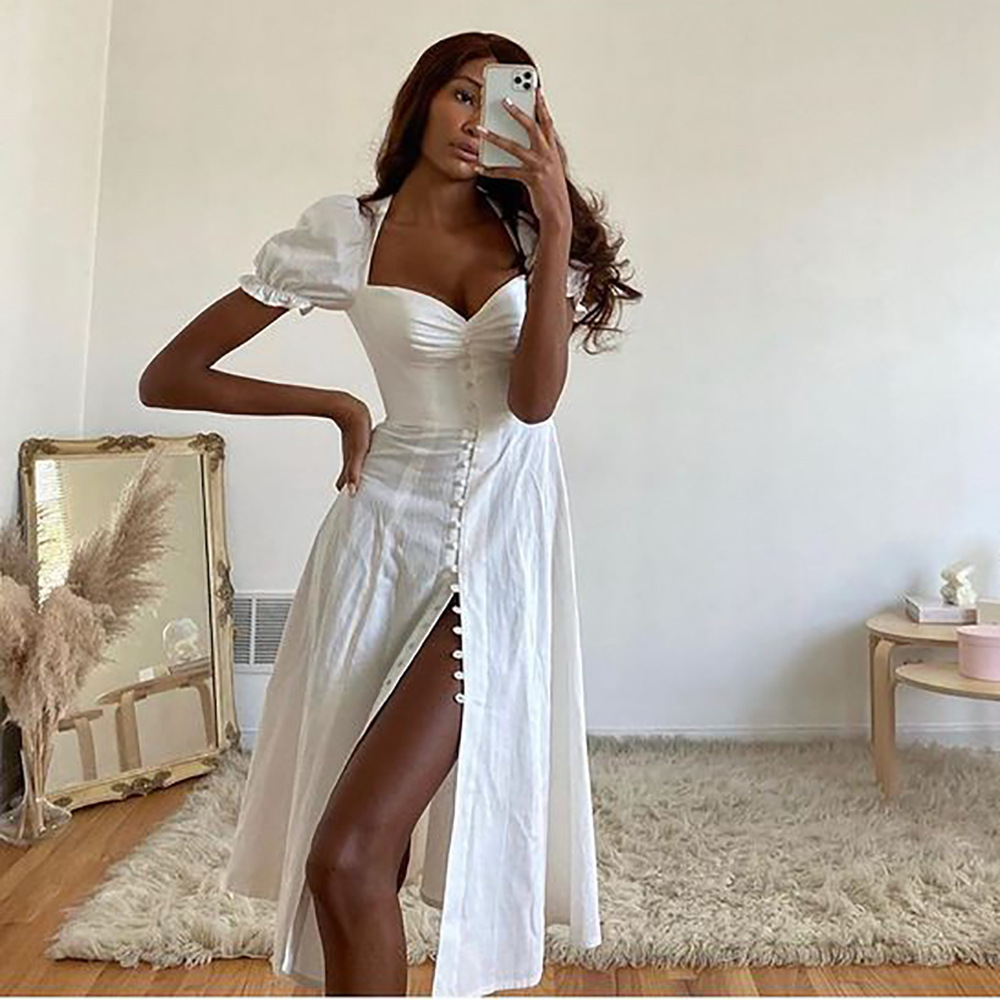 

Summer Dress Vintage Solid Button Midi Dress Sexy Party Club Strapless High Split Dresses Women Casual White Dresses Vestidos 210521