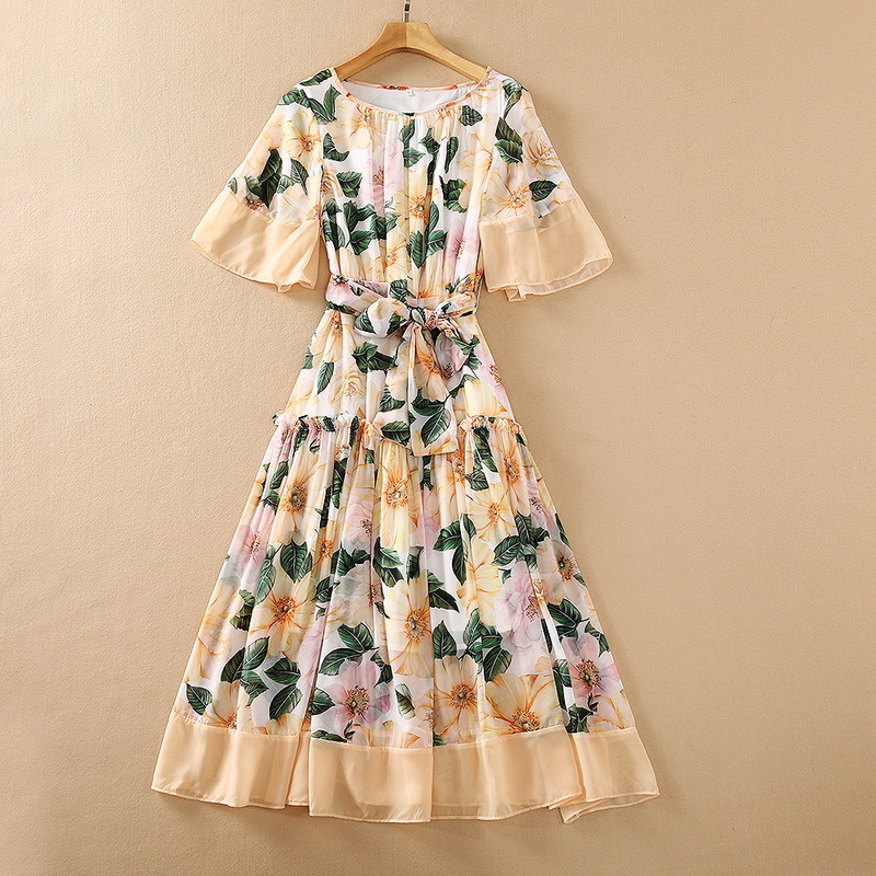 

European and American women's wear for spring 2021 5 - quarter sleeve round neck floral print Fashionable yellow dress, Black;gray