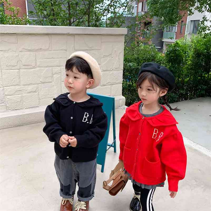 

Autumn Winter boys girls knitted doll collar cardigans children casual sweater coats 210708, Black