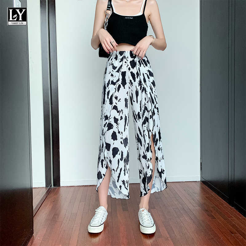 

LY VAREY LIN Summer Women Fashion Loose High Waist Comfortable Long Pants Slacks Casual Tie Dye Elastic Wide Leg 210526, Black