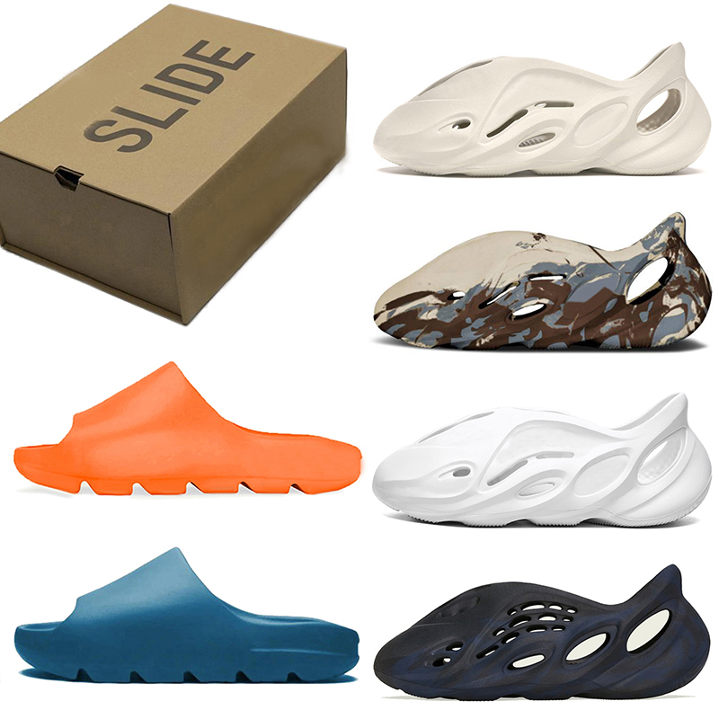 

With Box kanye slides foam runner men women sandal slippers slide sandals Enflame Blue Orange Pure Desert Sand Resin Bone mens slipper trainers, Color#1 36-47