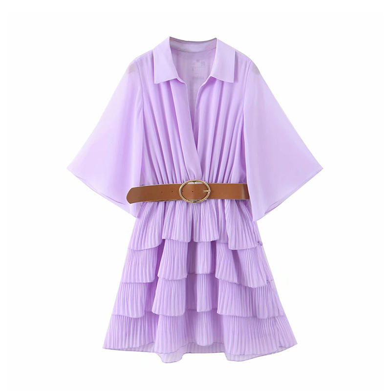 

Paris Girl Summer Fashion Turn-Down Collar Women's Fitted Belt Pleated Mini Dress 210524, Pink