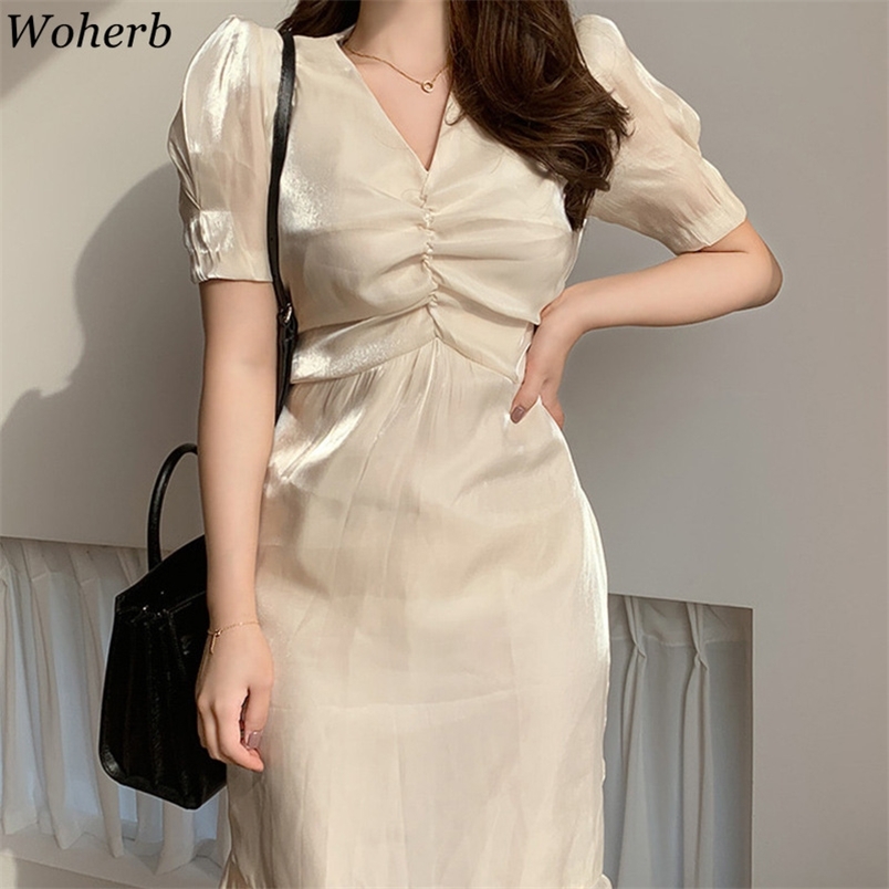 

Vintage Robe Women Bodycon Dress Summer Fashion Chiffon Puff Sleeve Vestidos Mujer Elegant V Neck Party Dresses 210519, Apricot