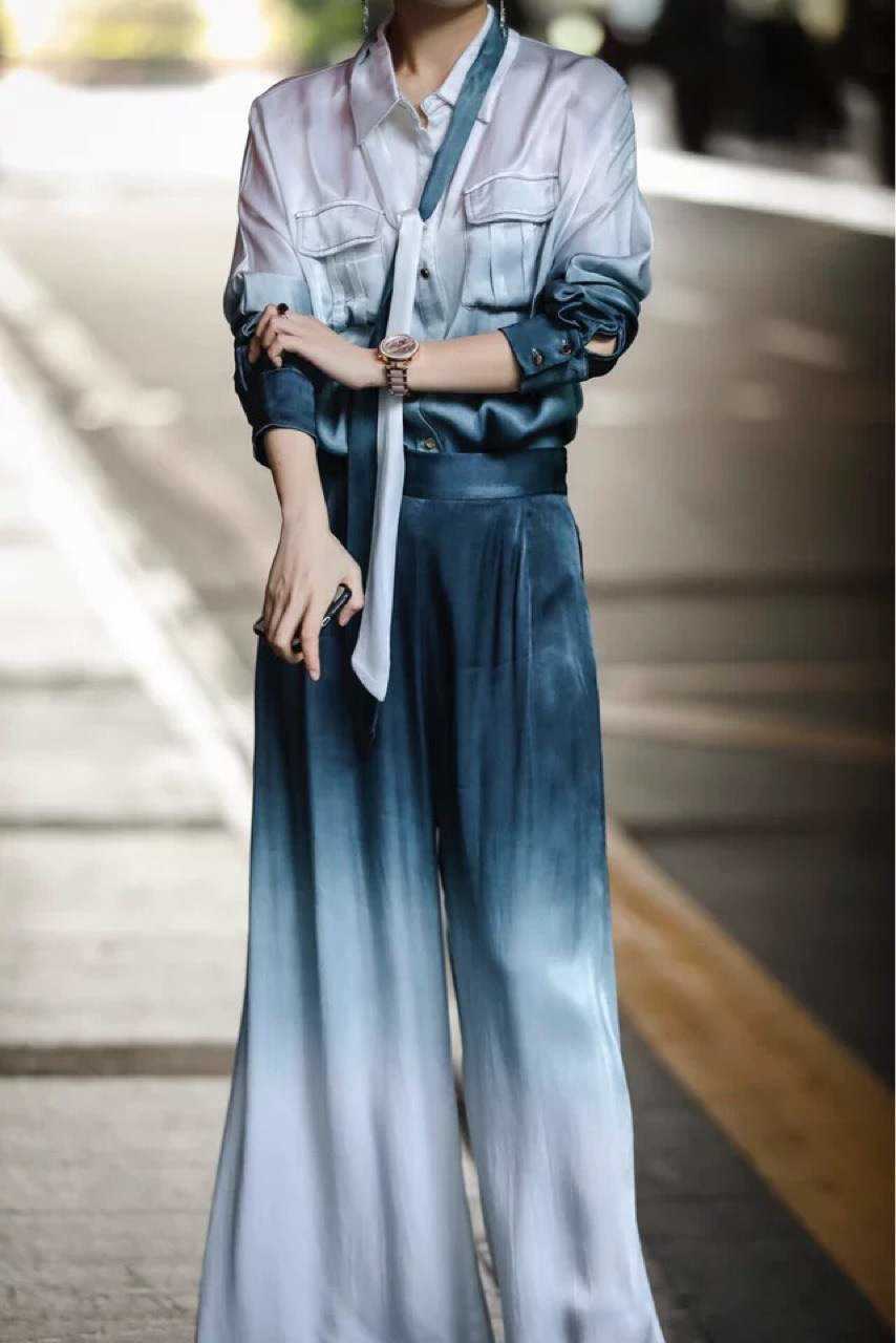 

Autumn Design Fashion Full Turn Down Collar Shirt Wide Leg Pants Two Piece Outfits for Women 210615, Orange