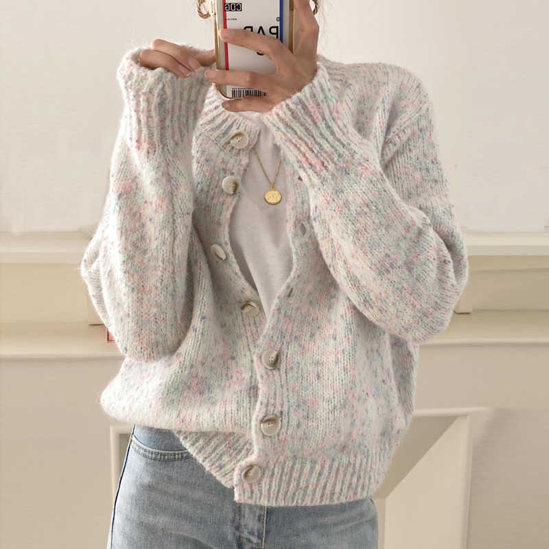 

Qooth Thickness Autumn Elegant Cardigan Women Full Sleeve Sweater Office Winter O-neck Loose Ins Clothes Coats QT428 210609, Beige