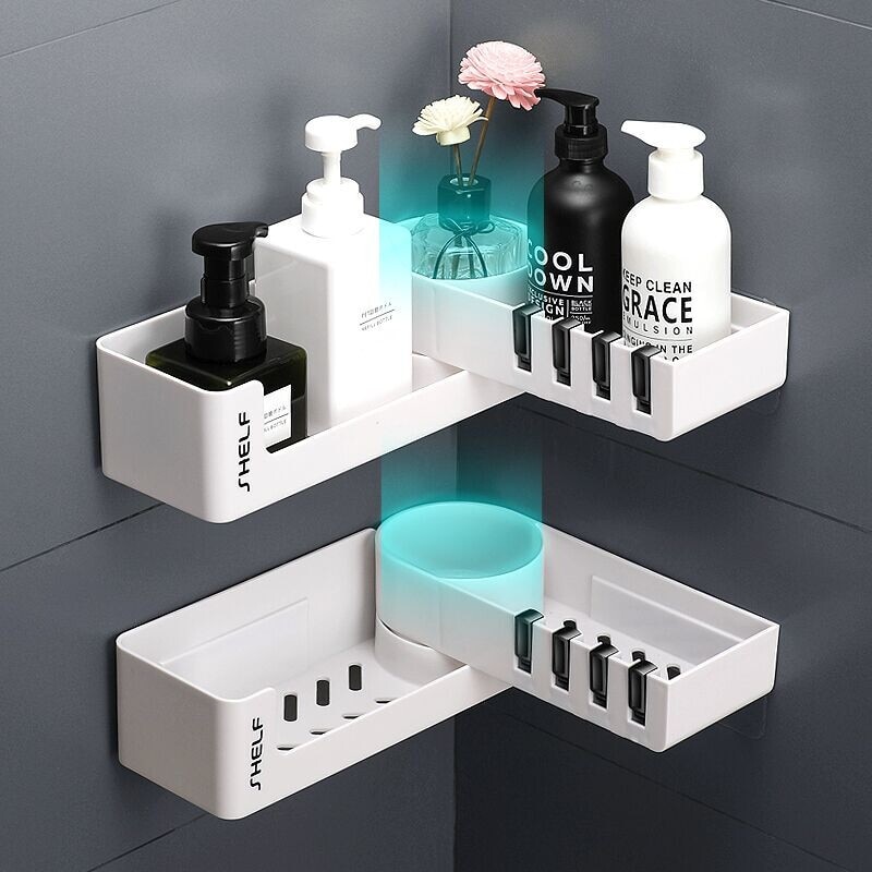 

Bathroom Corner Shower Shef Rack With 4 Hook Wa Mounted For Shower Shampoo Organize Rotatabe Sef Adhesive Kitchen Storage
