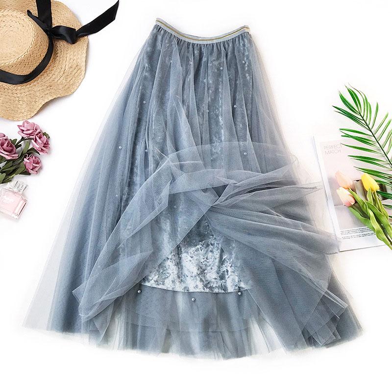 

Skirts Spring Summer Women Pearl Beaded Tulle 2021 Elastic High Waist Long A-line Skirt Female Tutu Jupe Longue Femme, Beige