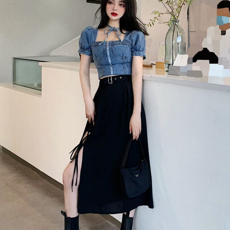 

skirt Korean Streetwear Summer 2 Sets Womens Outfits Denim Jeans Crop Top & Bandage Long Suits Female Two Piece Set SV58, Black