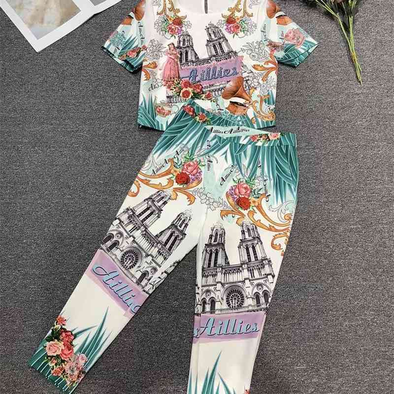 

Truevoker European High Street Sets Suit Short Sleeve Vintage Building Print Crop Top + Pencil Pant Resort Two Pieces Set 210602, Multi